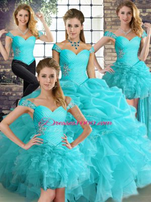 Aqua Blue Lace Up Off The Shoulder Beading and Ruffles and Pick Ups Sweet 16 Quinceanera Dress Organza Sleeveless