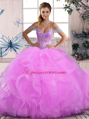 Best Floor Length Lilac Quinceanera Gown Tulle Sleeveless Beading and Ruffles
