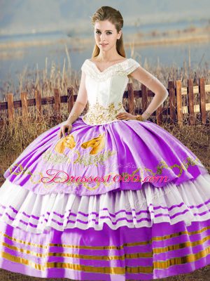 Lilac V-neck Neckline Embroidery and Ruffled Layers Ball Gown Prom Dress Sleeveless Lace Up
