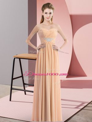 Comfortable Peach Sleeveless Beading Floor Length Prom Evening Gown