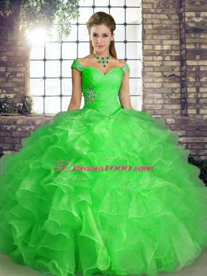 Green Lace Up Off The Shoulder Beading and Ruffles 15th Birthday Dress Organza Sleeveless