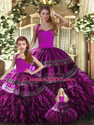 Fuchsia Halter Top Lace Up Embroidery and Ruffles 15th Birthday Dress Sleeveless