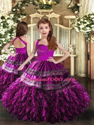 Fuchsia Halter Top Lace Up Embroidery and Ruffles 15th Birthday Dress Sleeveless