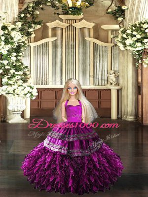 Fuchsia Halter Top Lace Up Embroidery and Ruffles 15th Birthday Dress Sleeveless