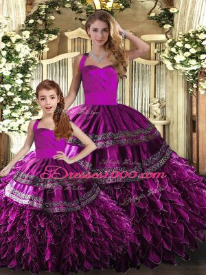 Fuchsia Halter Top Lace Up Embroidery and Ruffles 15th Birthday Dress Sleeveless