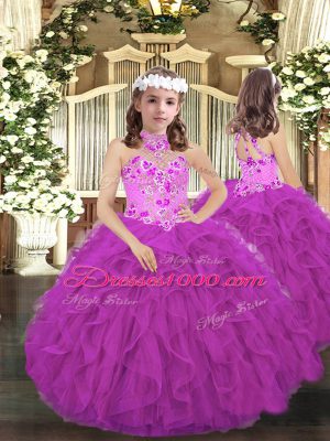 Noble Sleeveless Floor Length Embroidery and Ruffles Lace Up Quinceanera Gown with Fuchsia