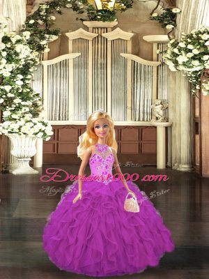 Noble Sleeveless Floor Length Embroidery and Ruffles Lace Up Quinceanera Gown with Fuchsia