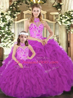 Noble Sleeveless Floor Length Embroidery and Ruffles Lace Up Quinceanera Gown with Fuchsia