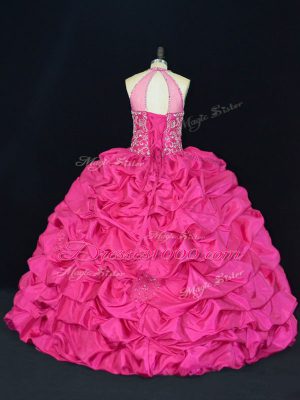 Sleeveless Beading and Appliques and Embroidery and Pick Ups Lace Up Ball Gown Prom Dress with Hot Pink