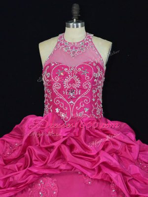 Sleeveless Beading and Appliques and Embroidery and Pick Ups Lace Up Ball Gown Prom Dress with Hot Pink