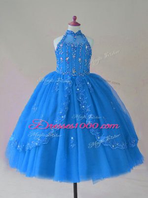 Great Blue Tulle Lace Up High-neck Sleeveless Floor Length Child Pageant Dress Beading and Appliques