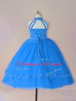 Great Blue Tulle Lace Up High-neck Sleeveless Floor Length Child Pageant Dress Beading and Appliques