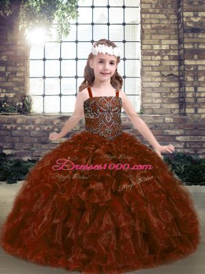 Best Rust Red Lace Up Straps Beading Little Girl Pageant Gowns Organza Sleeveless
