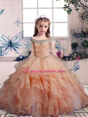 Floor Length Peach Little Girls Pageant Dress Wholesale Organza Sleeveless Beading and Ruffles
