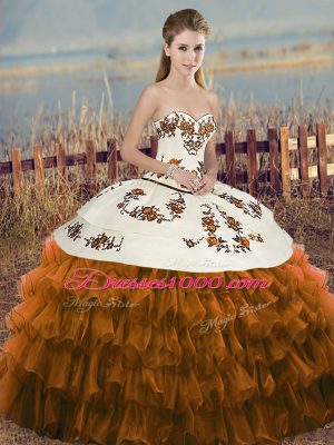 Brown Lace Up Sweetheart Embroidery and Ruffled Layers and Bowknot 15 Quinceanera Dress Organza Sleeveless