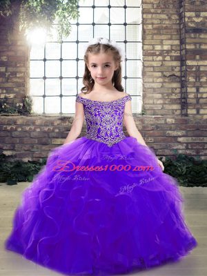 Admirable Off The Shoulder Sleeveless Tulle Pageant Dress for Teens Beading and Ruffles Lace Up