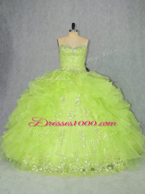 Floor Length Lace Up Quinceanera Dresses Yellow Green for Sweet 16 and Quinceanera with Beading and Ruffles