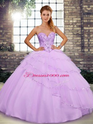 Exceptional Lilac Sweetheart Neckline Beading and Ruffled Layers Vestidos de Quinceanera Sleeveless Lace Up
