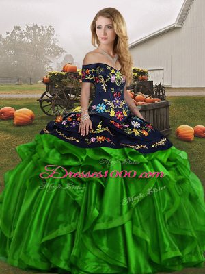 Flare Green Sleeveless Floor Length Embroidery and Ruffles Lace Up Quinceanera Dresses