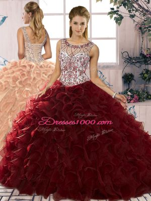 Custom Made Sleeveless Floor Length Beading and Ruffles Lace Up Ball Gown Prom Dress with Burgundy