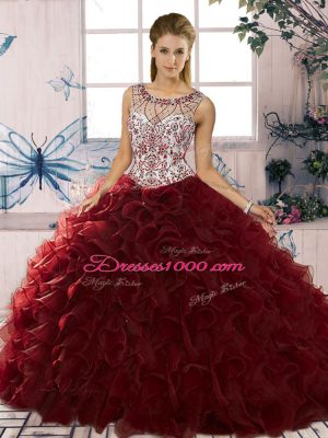 Custom Made Sleeveless Floor Length Beading and Ruffles Lace Up Ball Gown Prom Dress with Burgundy