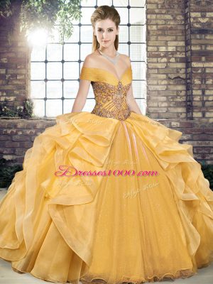 Glamorous Gold Ball Gowns Beading and Ruffles Quinceanera Dress Lace Up Organza Sleeveless Floor Length