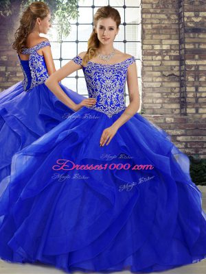 Perfect Tulle Off The Shoulder Sleeveless Brush Train Lace Up Beading and Ruffles Ball Gown Prom Dress in Royal Blue
