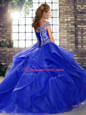 Perfect Tulle Off The Shoulder Sleeveless Brush Train Lace Up Beading and Ruffles Ball Gown Prom Dress in Royal Blue