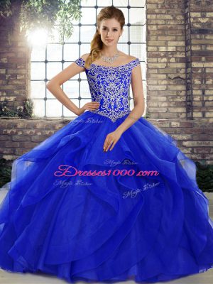 Perfect Tulle Off The Shoulder Sleeveless Brush Train Lace Up Beading and Ruffles Ball Gown Prom Dress in Royal Blue