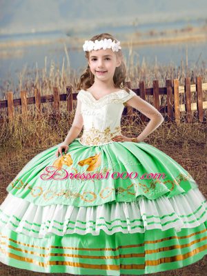 Off The Shoulder Sleeveless Lace Up Little Girl Pageant Dress Green Satin