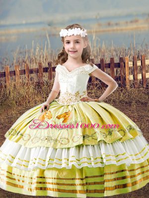 Modern Yellow Ball Gowns Embroidery Little Girls Pageant Gowns Lace Up Satin Sleeveless Floor Length