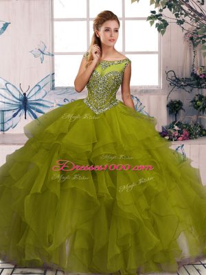Olive Green Sweet 16 Dress Military Ball and Sweet 16 and Quinceanera with Beading and Ruffles Scoop Sleeveless Zipper