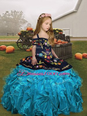 Straps Sleeveless Teens Party Dress Floor Length Embroidery and Ruffles Aqua Blue Organza