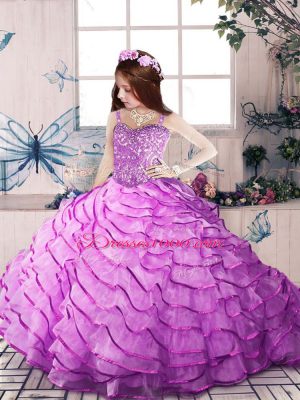Super Lilac Organza Lace Up Straps Sleeveless Little Girls Pageant Gowns Court Train Ruffled Layers
