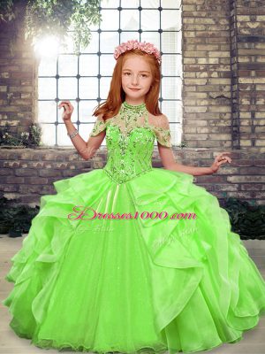 Classical Floor Length Lace Up Teens Party Dress Green for Party and Wedding Party with Beading and Ruffles