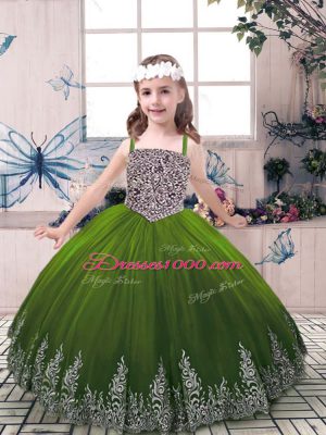 Floor Length Lace Up Little Girls Pageant Gowns Olive Green for Party and Wedding Party with Beading and Embroidery