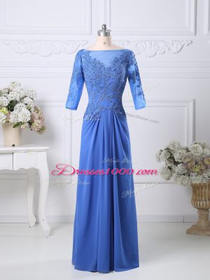 Blue Column/Sheath Chiffon Bateau Half Sleeves Lace Floor Length Zipper Prom Dress