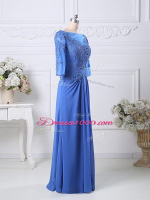 Blue Column/Sheath Chiffon Bateau Half Sleeves Lace Floor Length Zipper Prom Dress