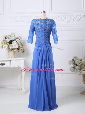 Blue Column/Sheath Chiffon Bateau Half Sleeves Lace Floor Length Zipper Prom Dress