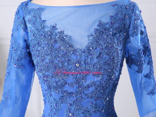 Blue Column/Sheath Chiffon Bateau Half Sleeves Lace Floor Length Zipper Prom Dress