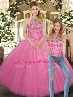 Floor Length Lace Up Quinceanera Gown Rose Pink for Sweet 16 and Quinceanera with Embroidery
