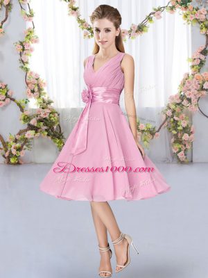 Super Rose Pink Empire Hand Made Flower Bridesmaid Dress Lace Up Chiffon Sleeveless Knee Length