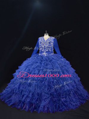 Royal Blue Long Sleeves Floor Length Beading and Ruffled Layers Lace Up Sweet 16 Quinceanera Dress