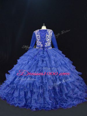 Royal Blue Long Sleeves Floor Length Beading and Ruffled Layers Lace Up Sweet 16 Quinceanera Dress