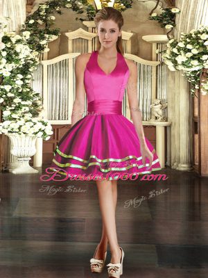 Dramatic Ball Gowns Cocktail Dress Fuchsia Halter Top Tulle Sleeveless Mini Length Lace Up