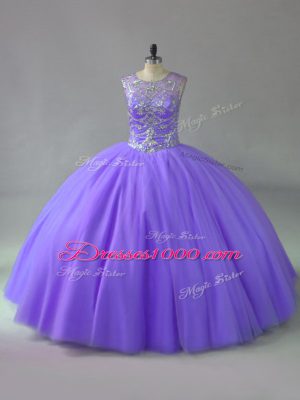 Deluxe Lavender Tulle Lace Up Scoop Sleeveless Quinceanera Gown Beading