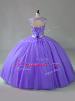 Deluxe Lavender Tulle Lace Up Scoop Sleeveless Quinceanera Gown Beading