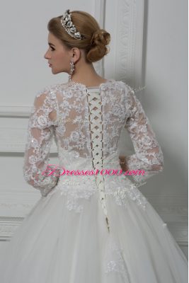 On Sale White 3 4 Length Sleeve Beading and Lace Lace Up Wedding Gown