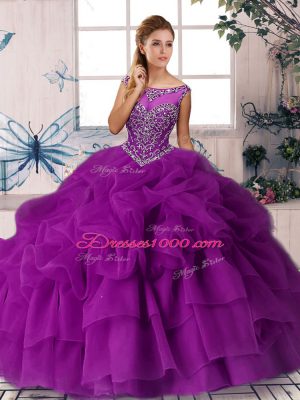Custom Designed Purple Ball Gowns Organza Scoop Sleeveless Beading and Pick Ups Zipper 15 Quinceanera Dress Brush Train