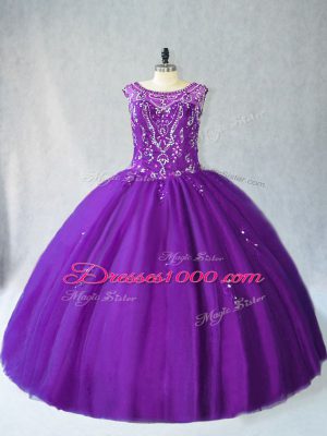 Purple Lace Up Sweet 16 Dress Beading and Appliques Sleeveless Floor Length